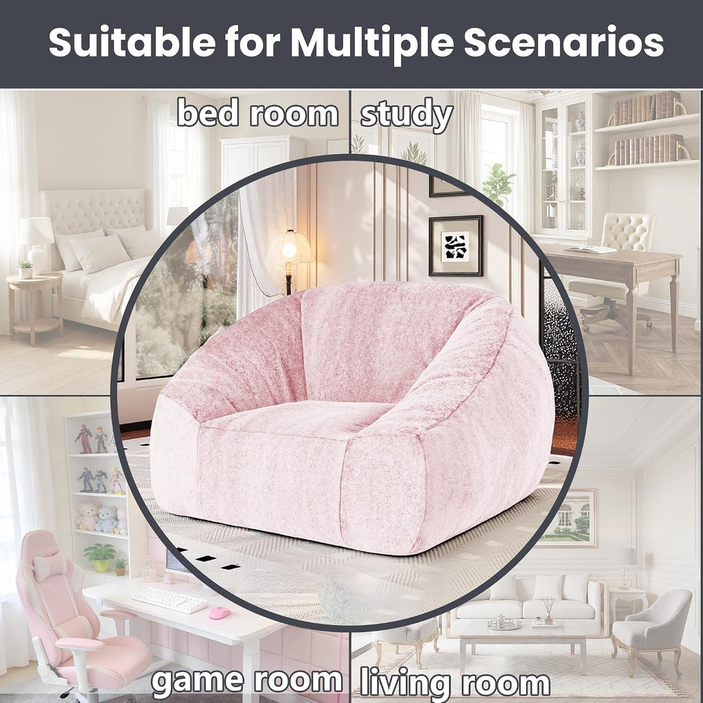 Bean Bag Chairs for Adults, Giant Beanbag Sofa Comfy Reading Chair, Oversized Bean Bag Chairs for Living Room Bedroom, Soft Faux Fur Fabric, 3.2FT, Pink, Plush