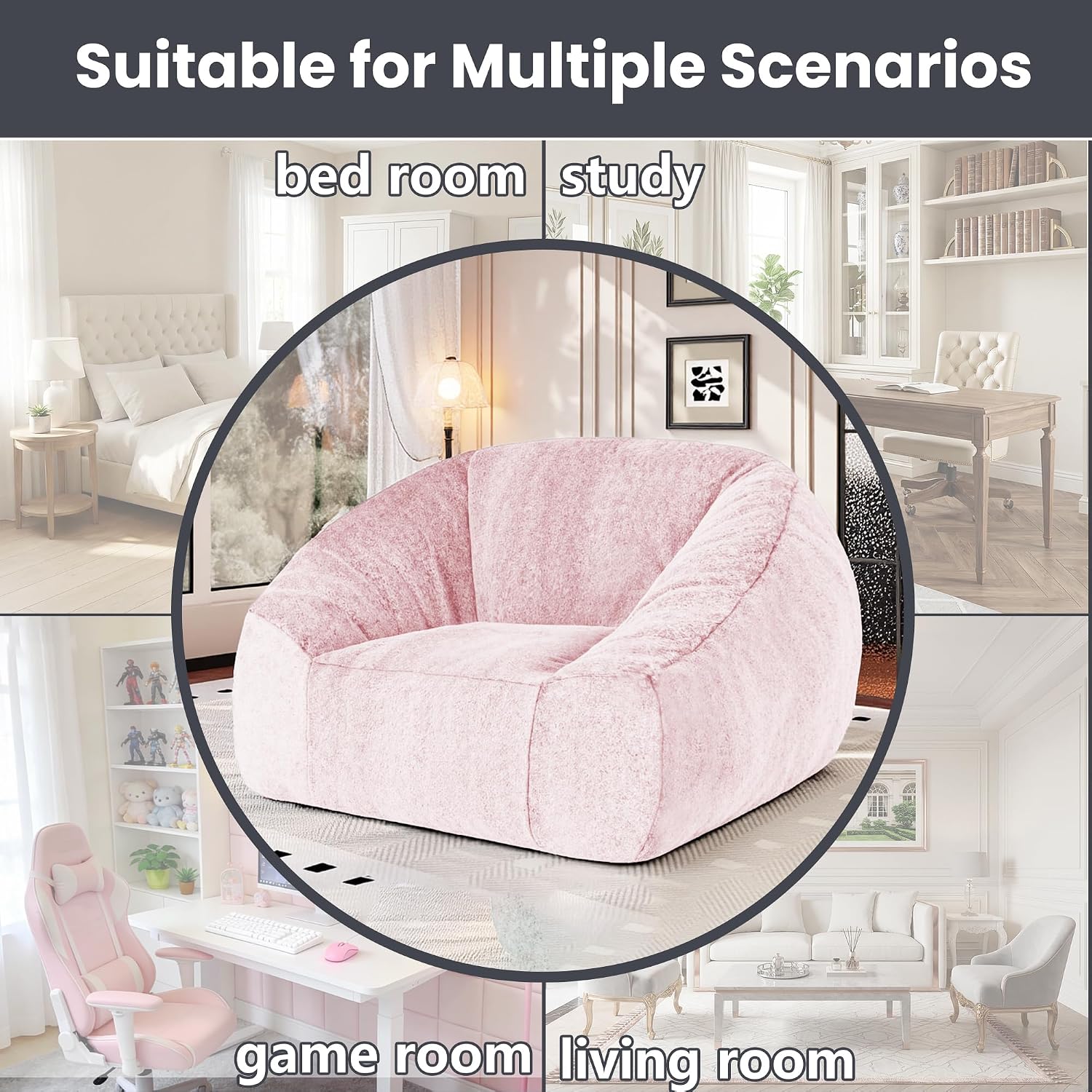 Bean Bag Chairs for Adults, Giant Beanbag Sofa Comfy Reading Chair, Oversized Bean Bag Chairs for Living Room Bedroom, Soft Faux Fur Fabric, 3.2FT, Pink, Plush