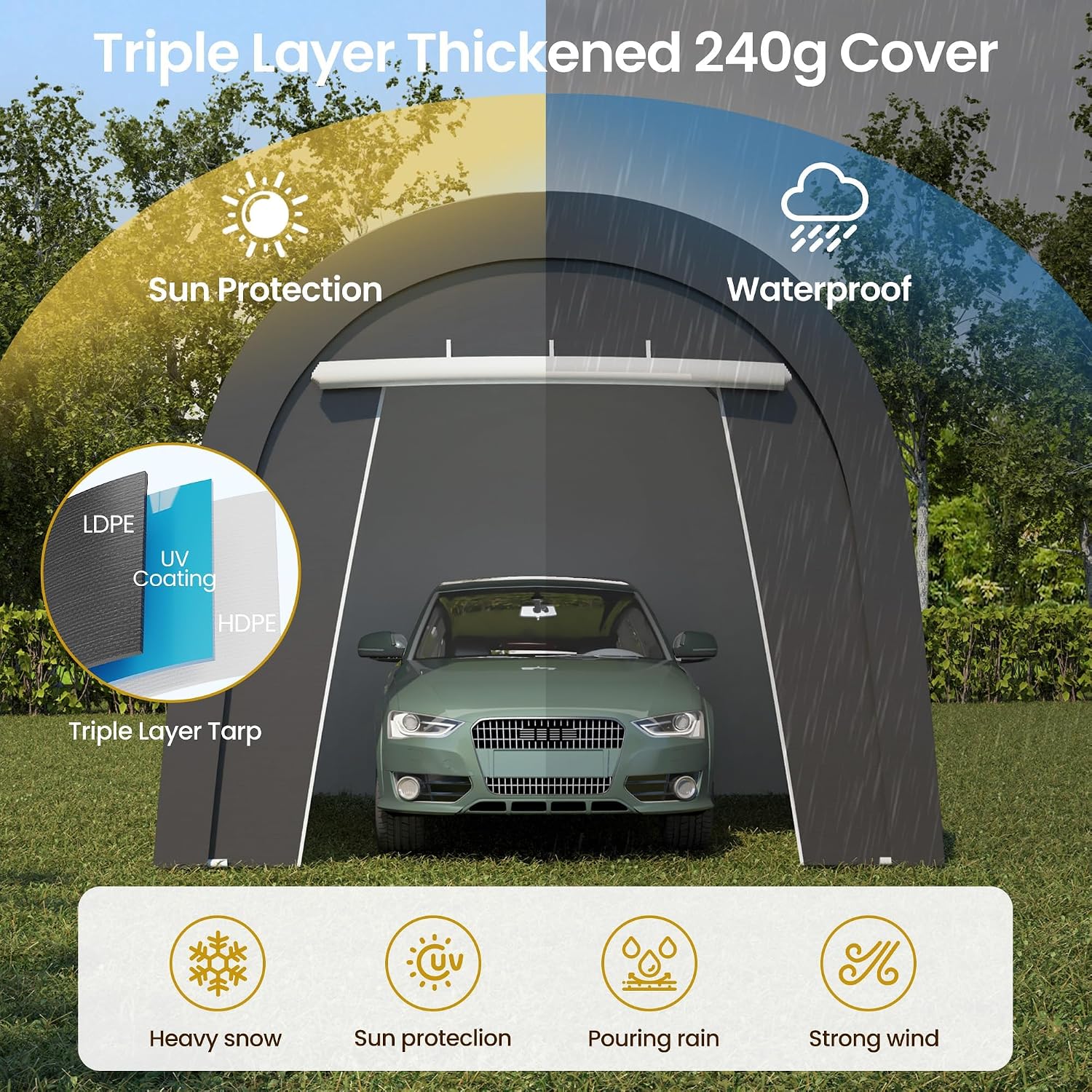 FansaFurn Carport, 10'x15' Outdoor Round Portable Garage with 2 Roll up Doors, Heavy Duty Storage Shelter Car Canopy Party Tent, Dark Gray
