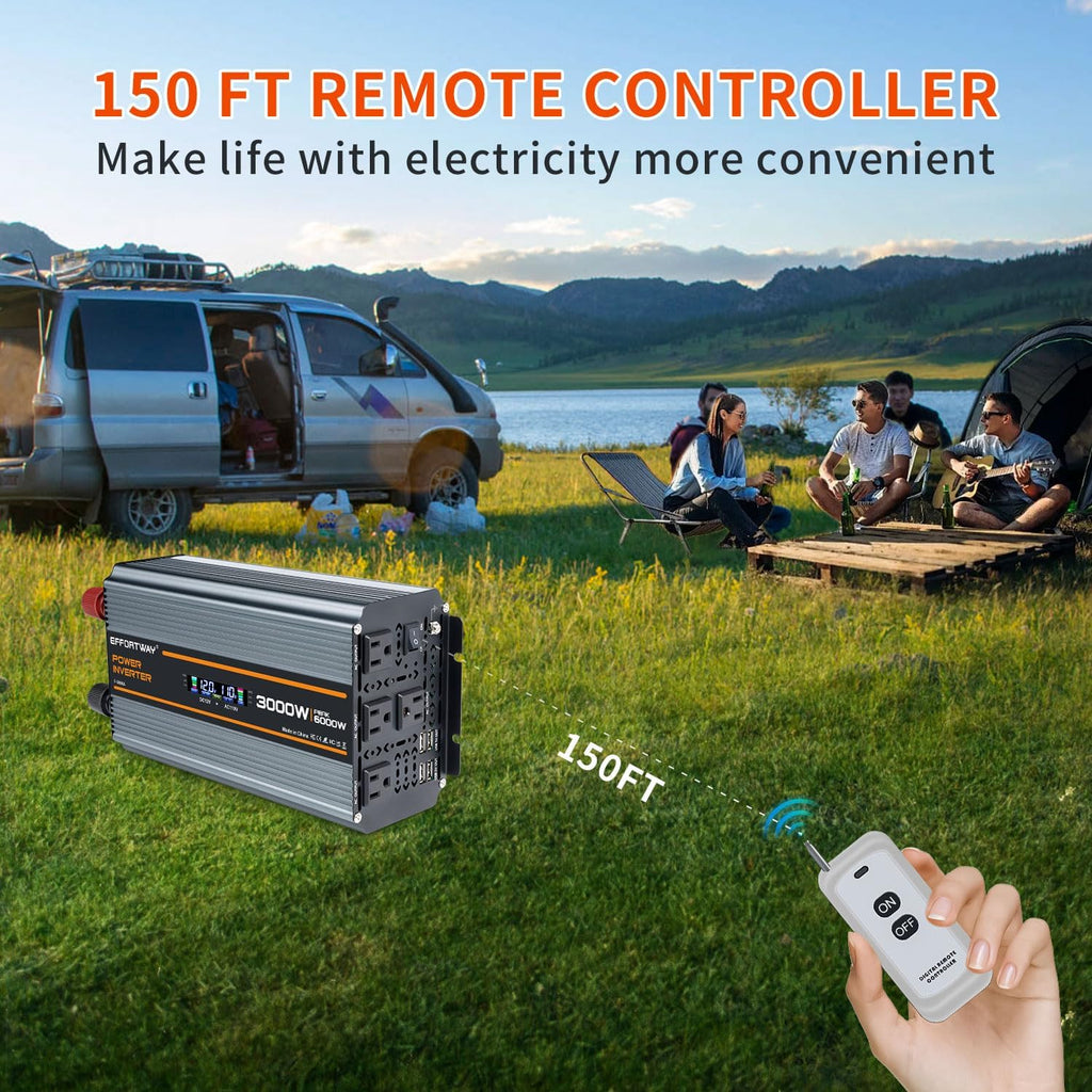 3000 watt Power Inverter DC 12V to AC 110V/120V Converter,6000w Peak.Comes with LCD Display,Wireless Controller,4AC outlets,4 USB.RV Inverter,Suitable for Camping,and Off-Grid Solar Inverter Systems