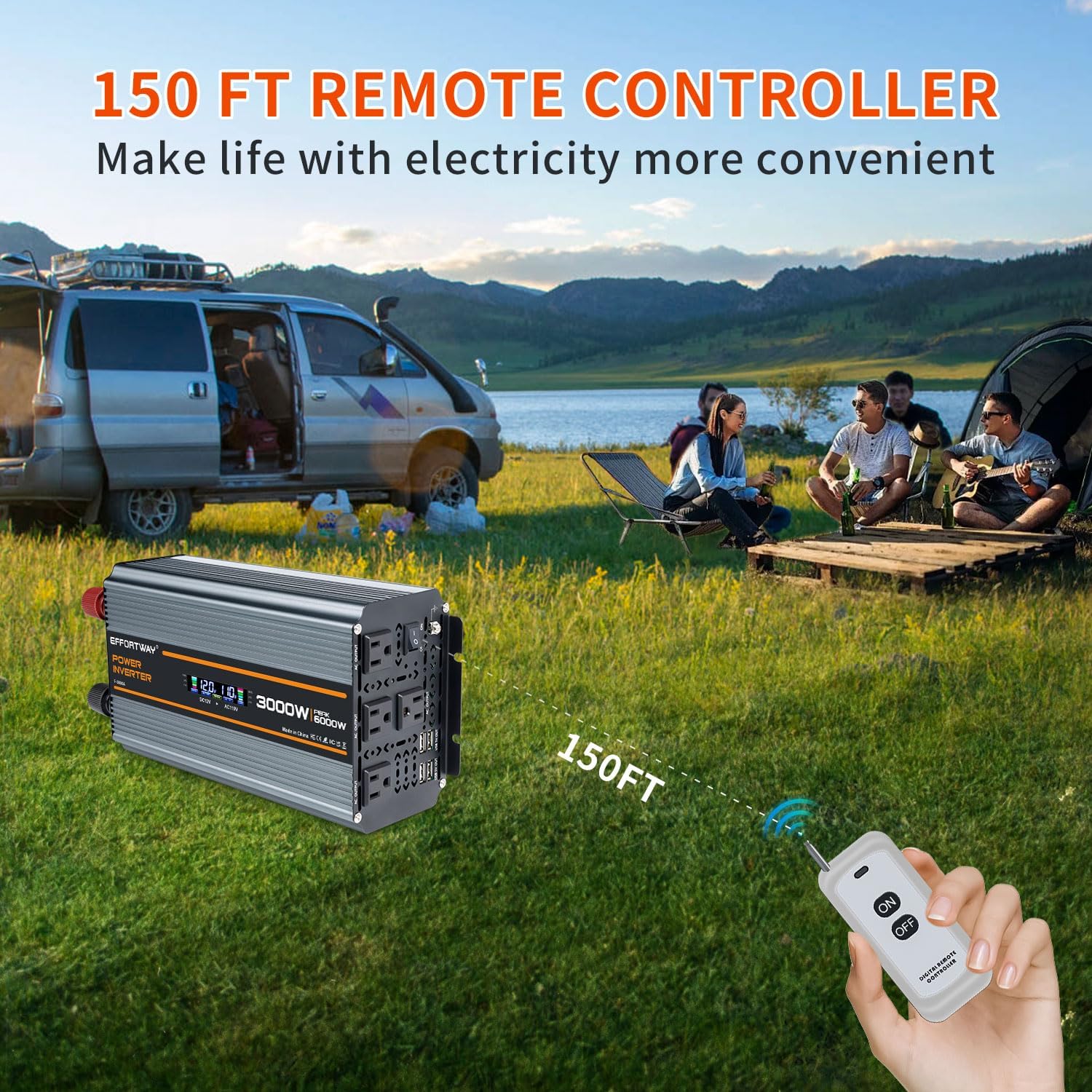 3000 watt Power Inverter DC 12V to AC 110V/120V Converter,6000w Peak.Comes with LCD Display,Wireless Controller,4AC outlets,4 USB.RV Inverter,Suitable for Camping,and Off-Grid Solar Inverter Systems