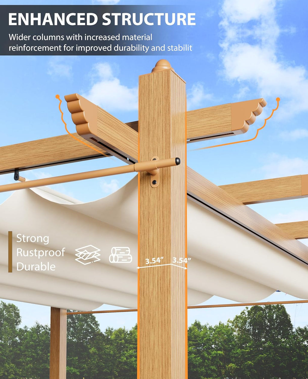 Garvee 10x10 ft Outdoor Pergola with Retractable Canopy – Upgraded Aluminum Faux Wood Grain Metal Patio Pergola for Modern Backyard Deck, Porch, Grape Trellis in Beige