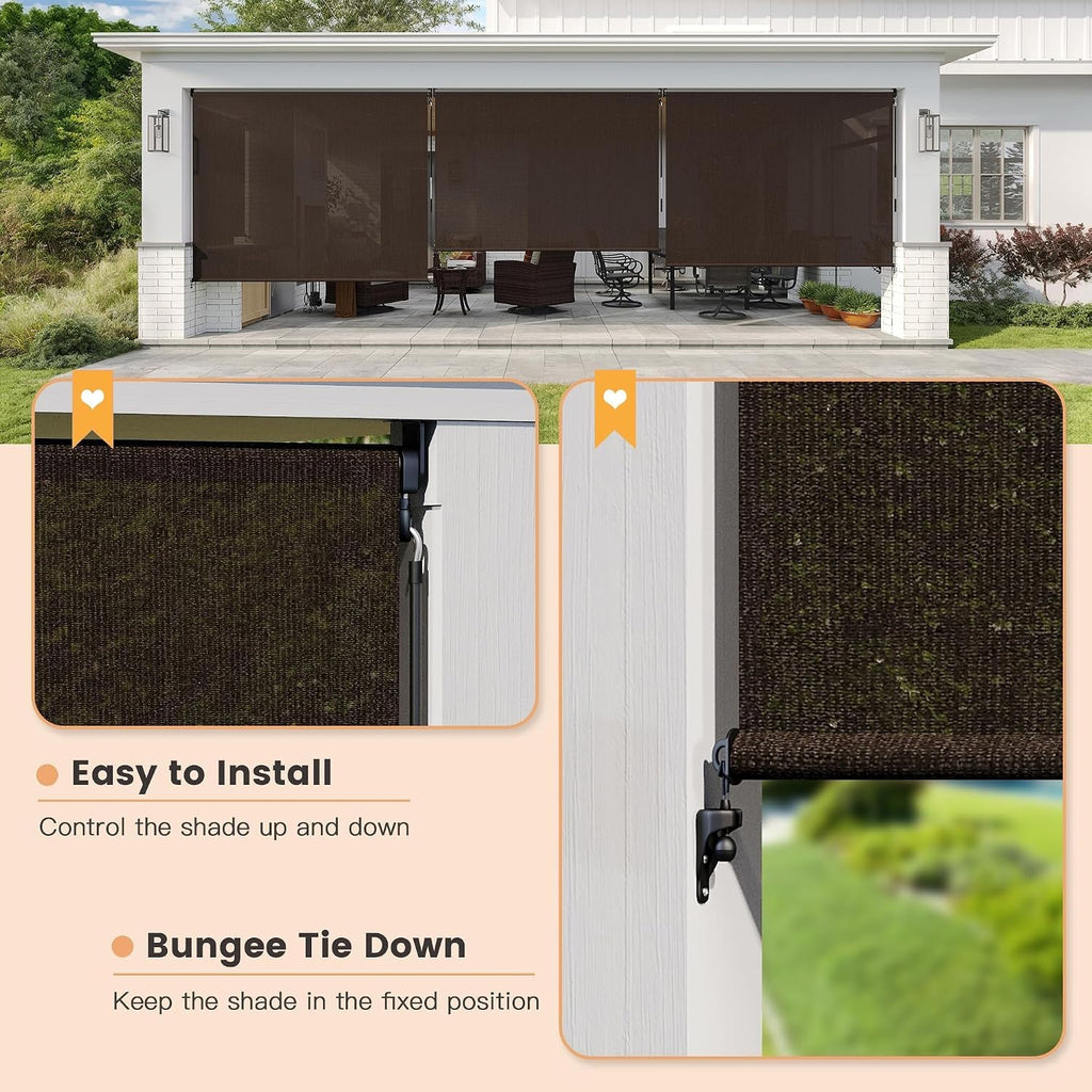 VICLLAX Outdoor Roller Shade (120' W×96' L), Patio Cordless Roller Blinds, Exterior Roll Up Shade with Spliced Design for Patio Porch Gazebo, Chocolate