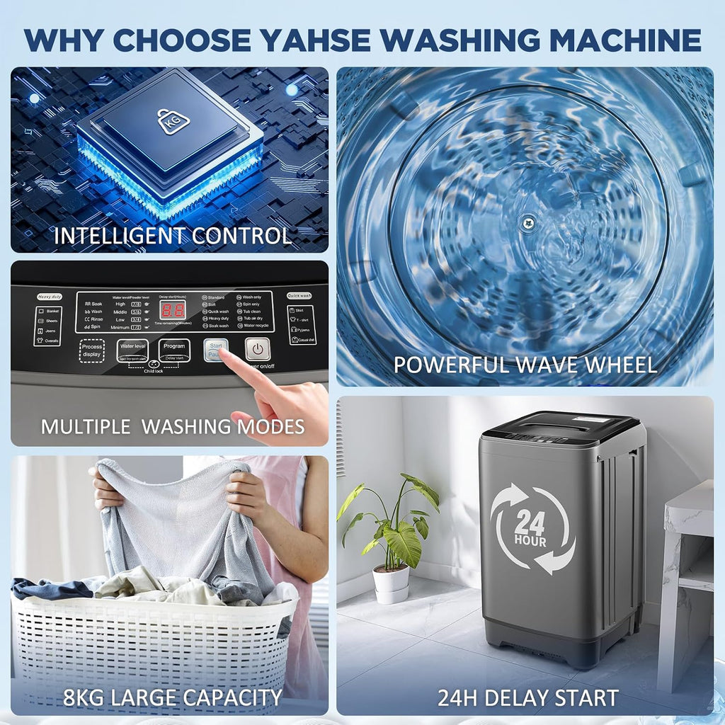 YASHE 17.6Lbs Portable Washing Machine, Full-Automatic Portable Compact Washer with Drain Pump, 10 Programs 8 Water Levels, Compact Washers with LED Display for Apartment Home RV Dorm