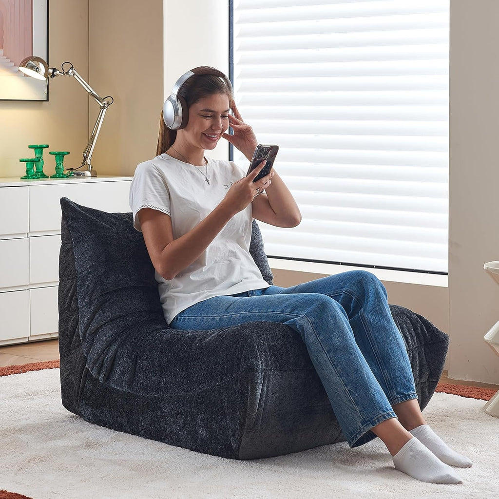 Bean Bag Chairs for Adults Teens Kids, Fireside Chair Bean Bag Lounger with Memory Foam Filled, Bean Bag Sofa for Living Room, Dorms, Apartments, Reading Corner(Black Plush)