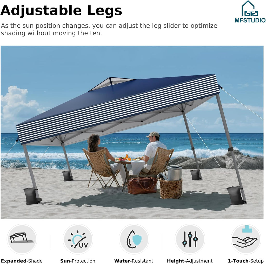 MFSTUDIO Pop Up Canopy Tent, 10x10 Outdoor Canopies One Person Push Set Up Tent Instant Portable Shelter Tents with Vented Top, Storage, 4 Sandbags, Beach Canopy,Blue Stripe