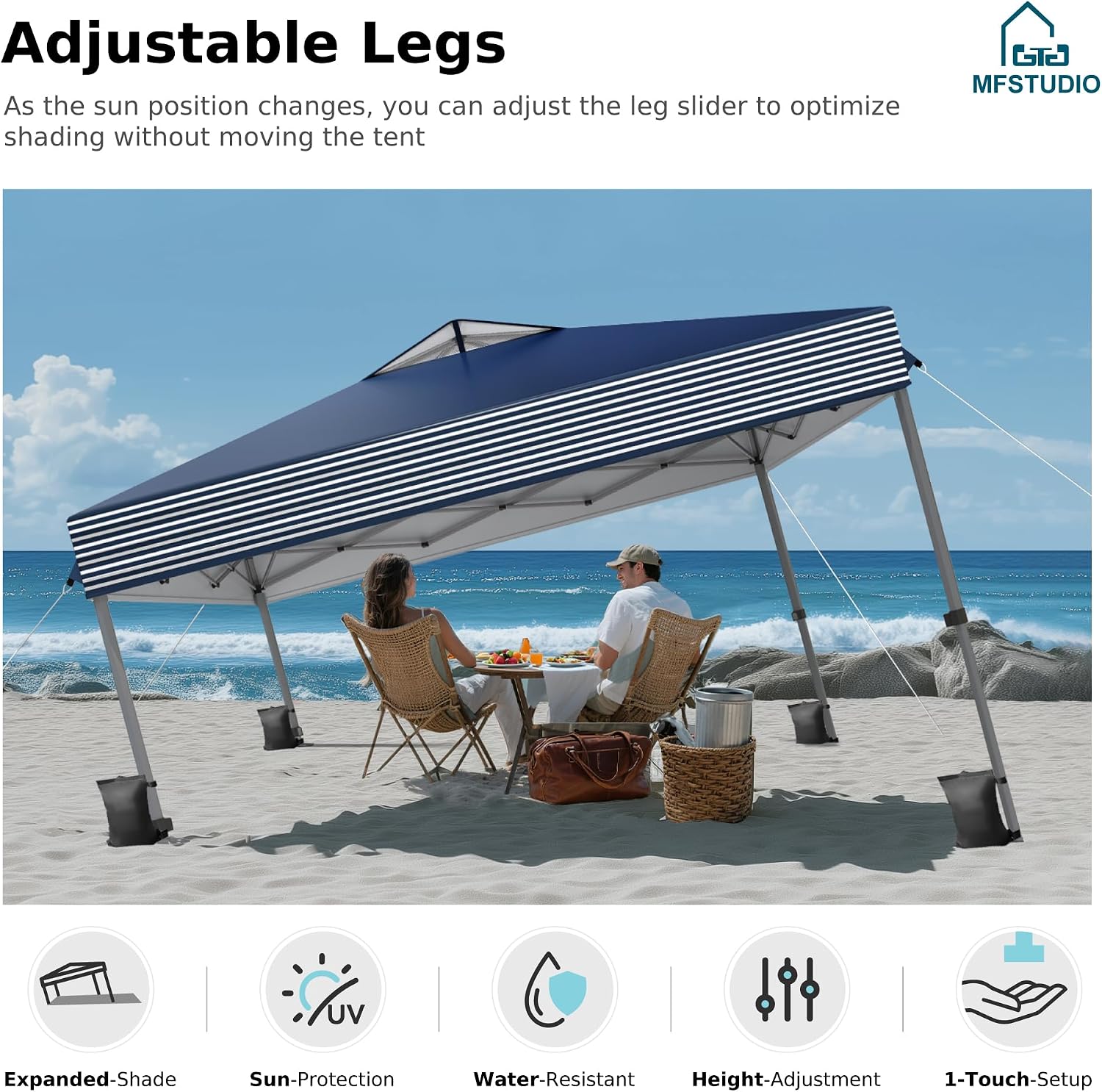 MFSTUDIO Pop Up Canopy Tent, 10x10 Outdoor Canopies One Person Push Set Up Tent Instant Portable Shelter Tents with Vented Top, Storage, 4 Sandbags, Beach Canopy,Blue Stripe