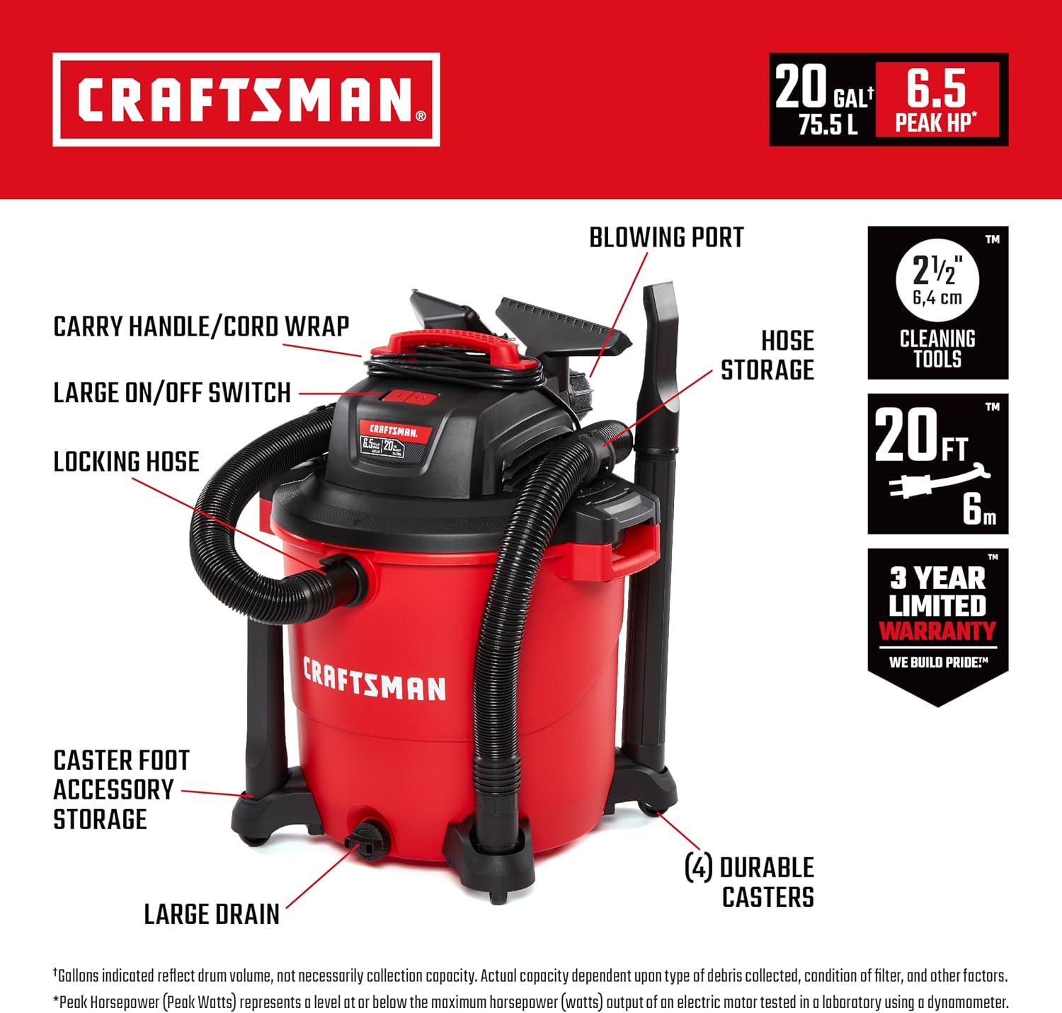 CRAFTSMAN CMXEVBE17596 20 Gallon 6.5 Peak HP Wet Dry Vac, Heavy-Duty Shop Vacuum Wet and Dry with 2 Filters, Dust Bag, 20-ft Hose, 7-ft Hose and Attachments for Shop, Garage, Jobsite Cleaning