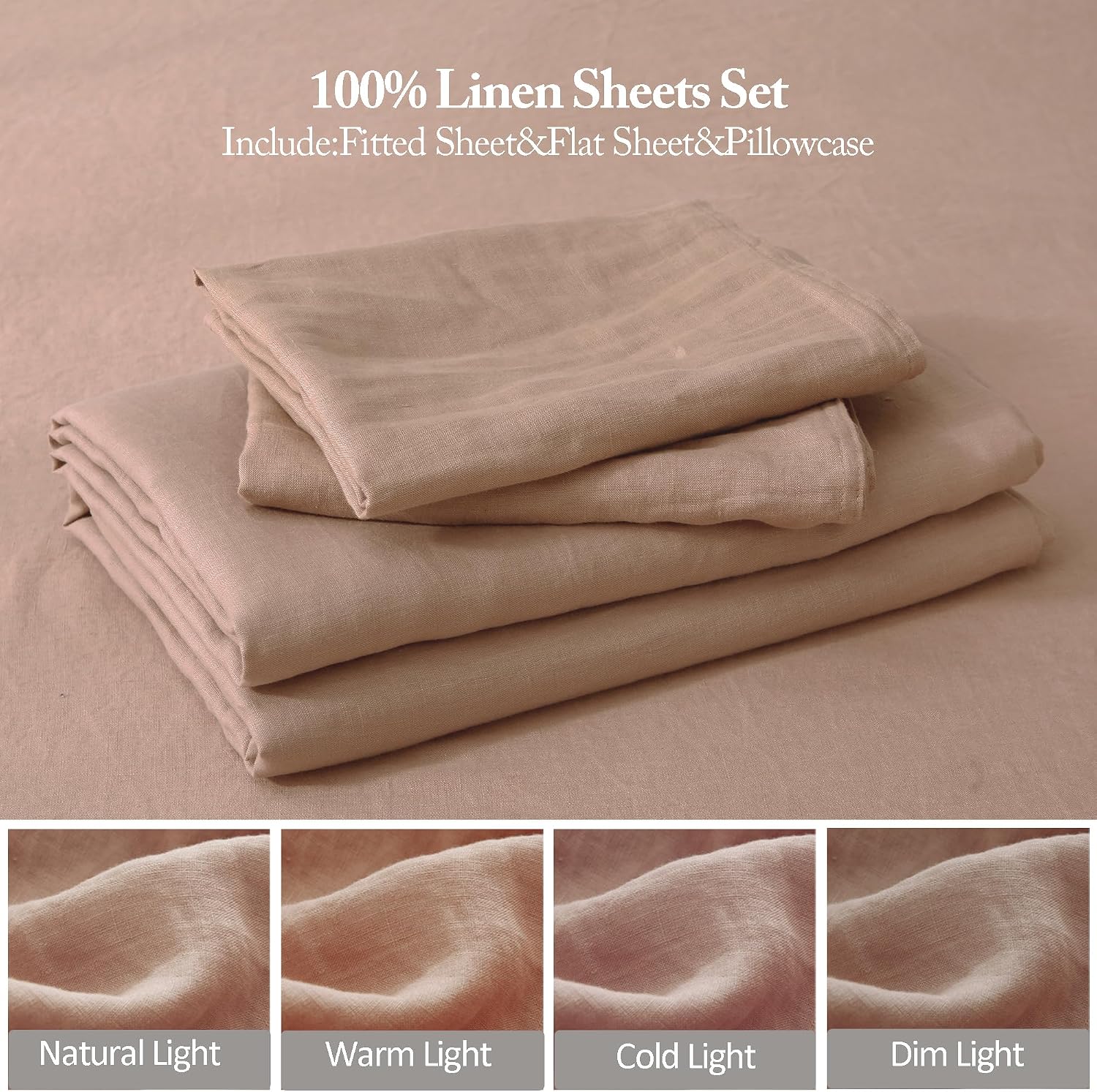 S VICTORY SYMBOL 100% Linen Sheets Set King Size,Washed French Flax Bed Sheets Set 4Pcs(1 Flat Sheet&1 Fitted Sheet&2 Pillowcases Natural Linen Farmhouse Bedding-Dusty Pink