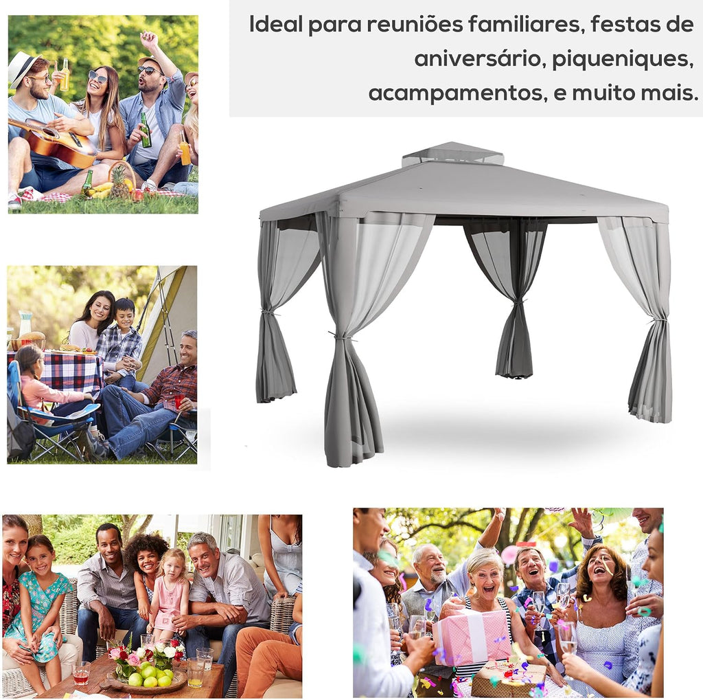 Outsunny 9.6' x 11.6' Patio Gazebo, Outdoor Canopy Shelter with 2-Tier Roof and Netting, Steel Frame for Garden, Lawn, Backyard, and Deck, Gray