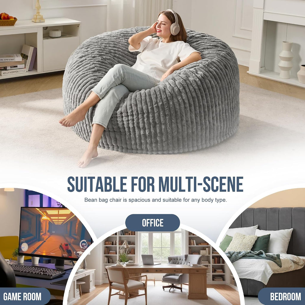 Hobestluk 5ft Bean Bag Chairs for Adults Large Beanbag Chair with Stripe Plush Cover Big Bean Bag Chair for Living Room Bedroom Dorm Office -Grey (50' x 50' x 24')