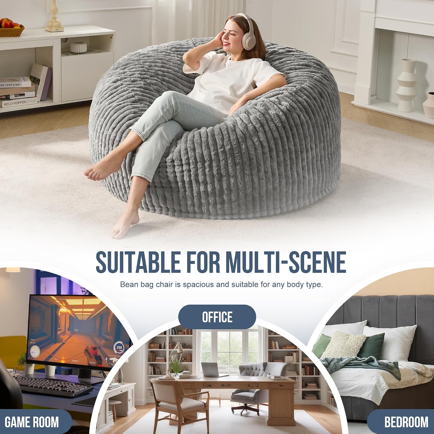 Hobestluk 5ft Bean Bag Chairs for Adults Large Beanbag Chair with Stripe Plush Cover Big Bean Bag Chair for Living Room Bedroom Dorm Office -Grey (50' x 50' x 24')