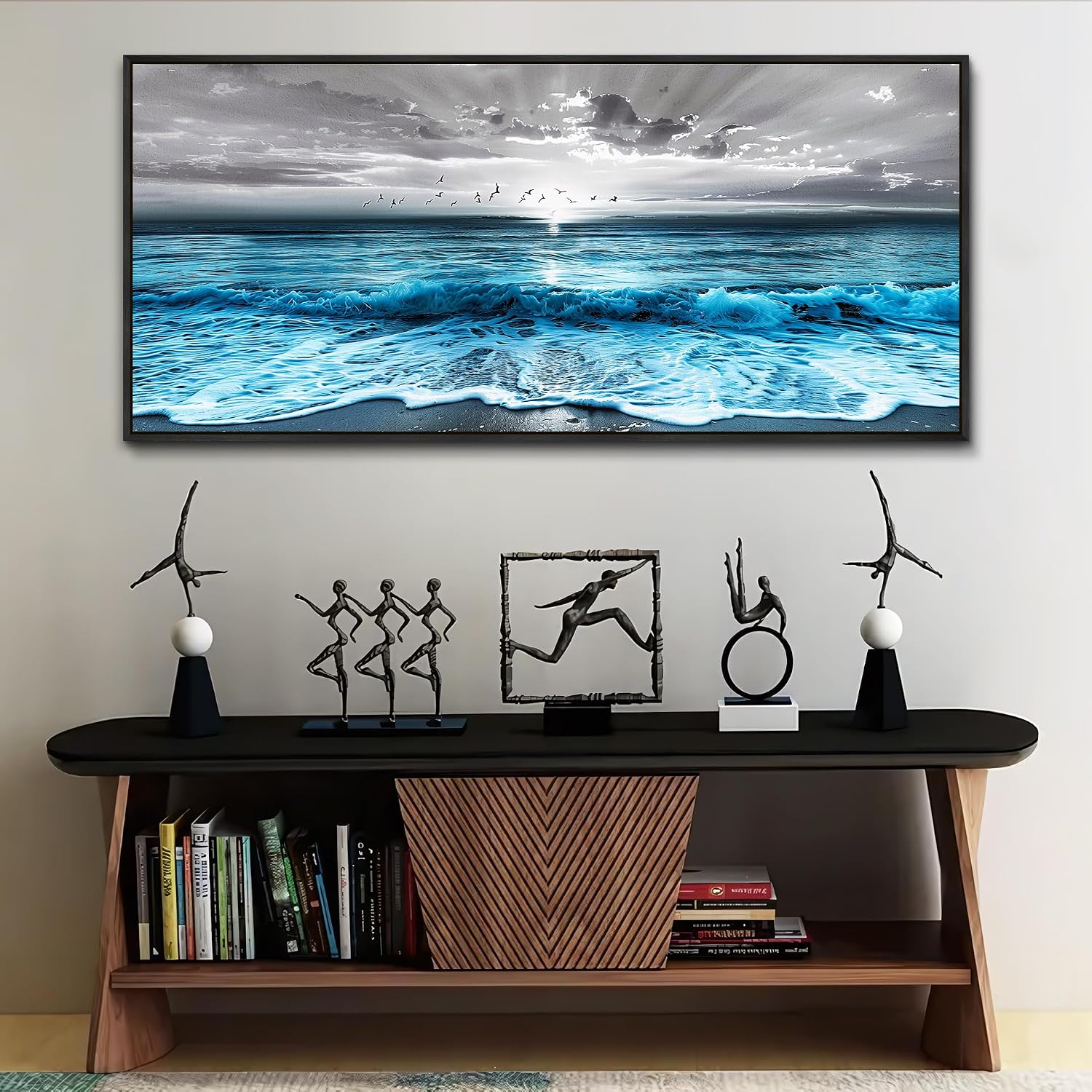 ERQINHUA Large Canvas Black Frame Wall Decor For Living Room Blue Sea Wave Ocean Painting Wall Art For Bedroom Office Dining room Decorations Beach Artworks Wall Pictures Modern Home Decor 32x72 In