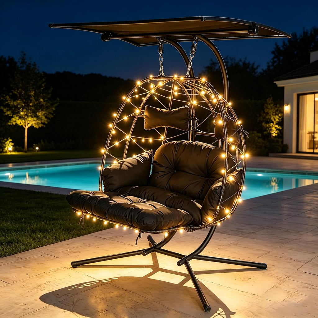 Double Egg Chair Outdoor with Stand & Canopy, 2 Person Hanging Egg Chair with Footrest, Oversized Rattan Wicker Egg Swing Chair with Lights for Bedroom Garden, 660Lbs (Black with Light)