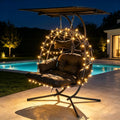 Double Egg Chair Outdoor with Stand & Canopy, 2 Person Hanging Egg Chair with Footrest, Oversized Rattan Wicker Egg Swing Chair with Lights for Bedroom Garden, 660Lbs (Black with Light)