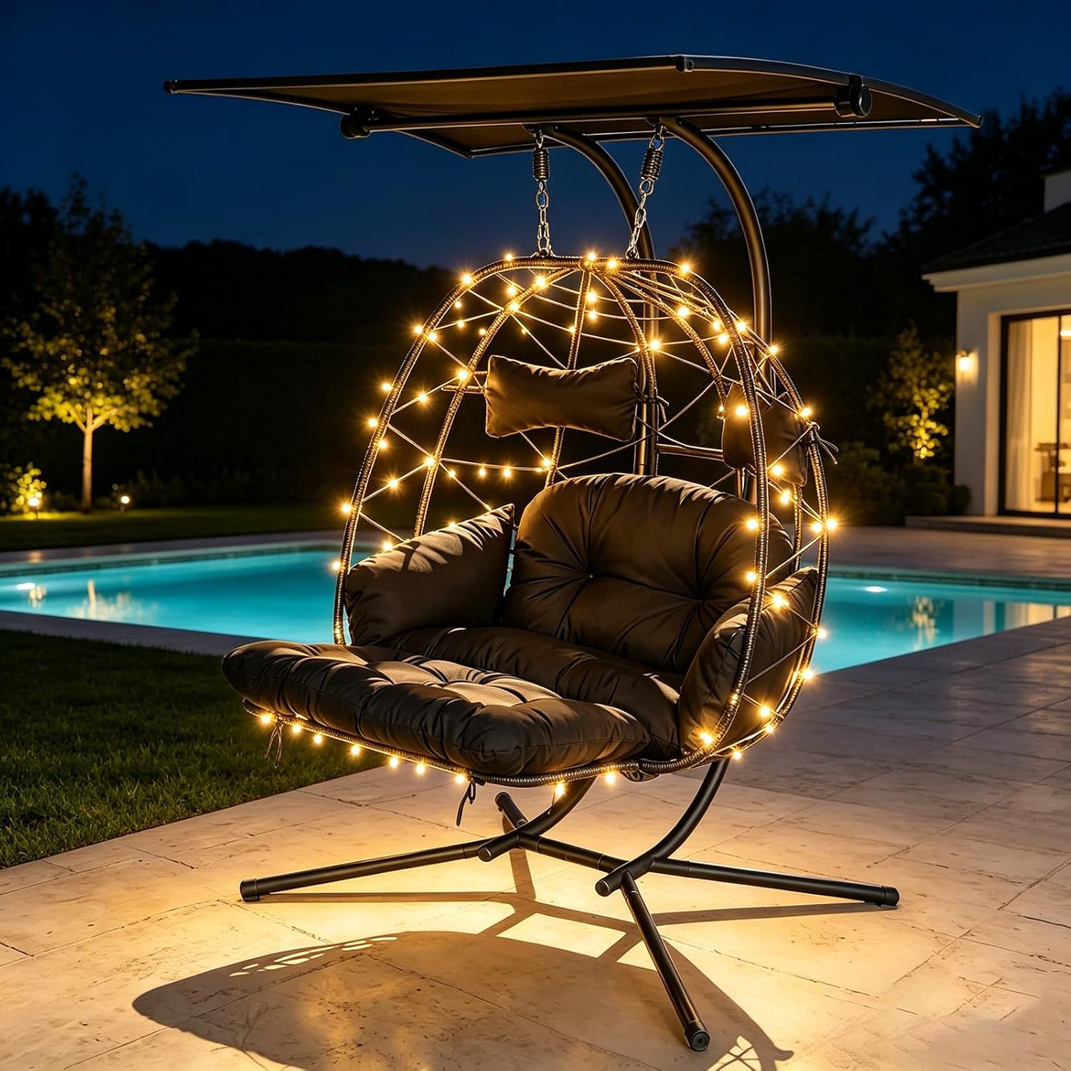 Double Egg Chair Outdoor with Stand & Canopy, 2 Person Hanging Egg Chair with Footrest, Oversized Rattan Wicker Egg Swing Chair with Lights for Bedroom Garden, 660Lbs (Black with Light)