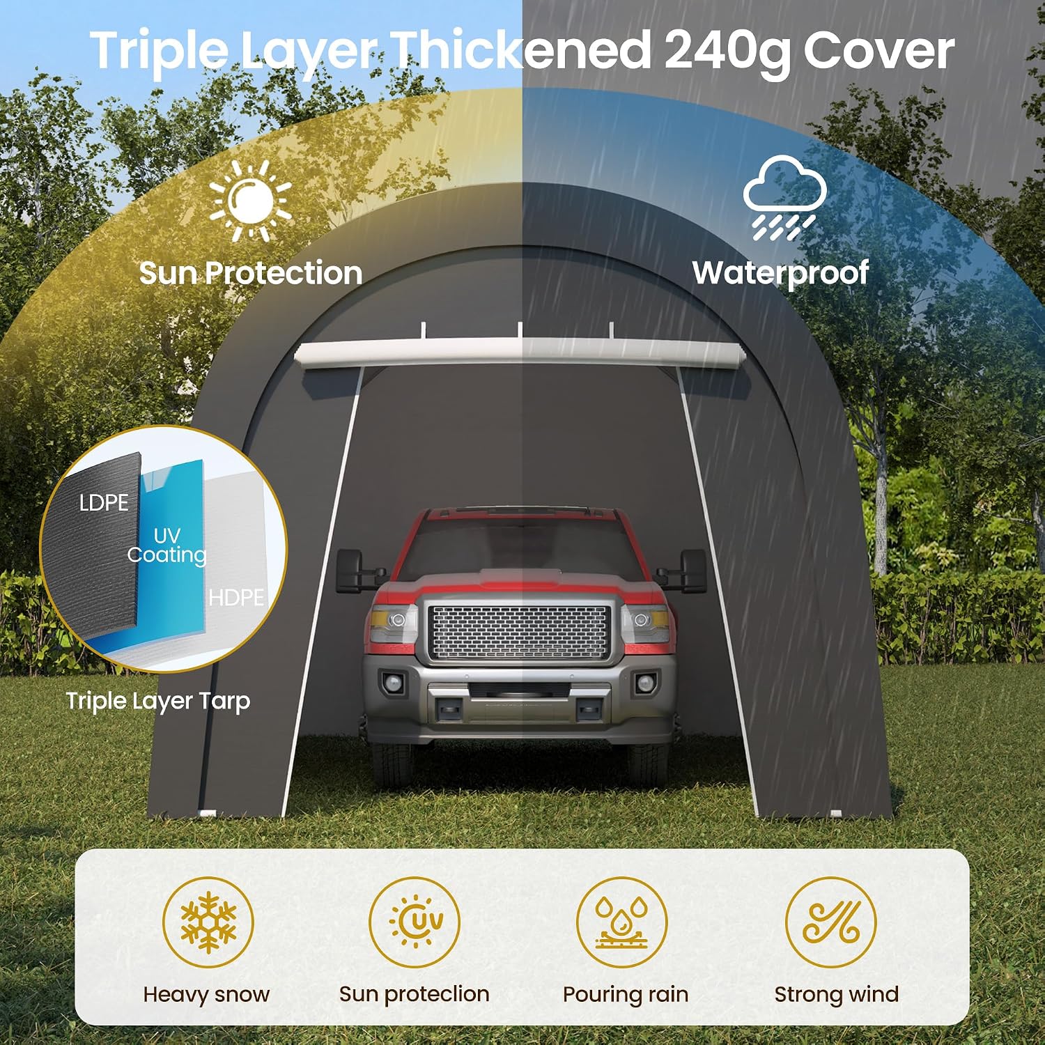 FansaFurn 10'x20' Carport, Outdoor Round Portable Garage with 2 Roll up Doors, Heavy Duty Storage Shelter Car Canopy Party Tent, Dark Gray