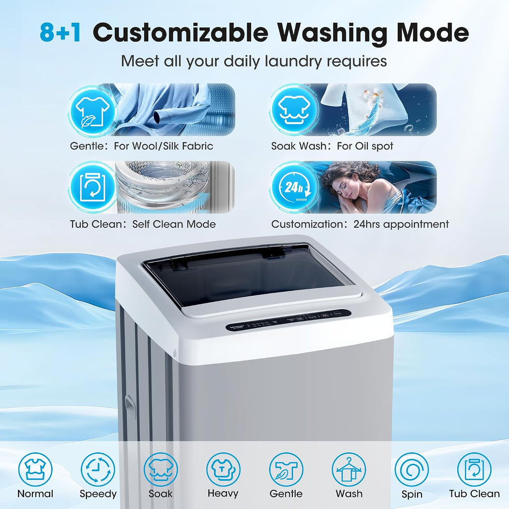 20lbs Portable Washing Machine, Full-Automatic Portable Washer with 10 Wash Cycles, Top Load Clothes Washer with Drain Pump for Apartment Bathroom, Dorms, RVs