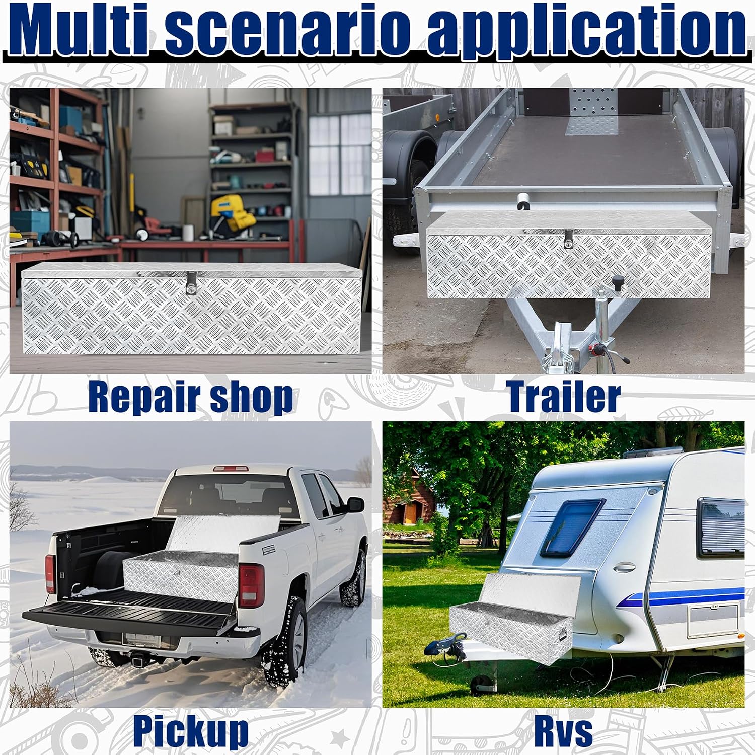 Aluminum Underbody Truck Box 49'×13'×10' Pick up Square Storage Toolbox Heavy Duty Diamond Plate Tool Boxes with Side Handle Buckle Lock and Keys for Storage and Organization