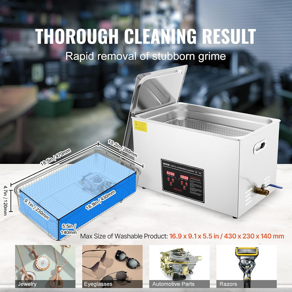 VEVOR Ultrasonic Cleaning with Digital Timer & Heater, Professional Ultra Sonic Jewelry Cleaner, Stainless Steel Heated Cleaning Machine for Glasses Watch Rings Small Parts Circuit Board (30L)