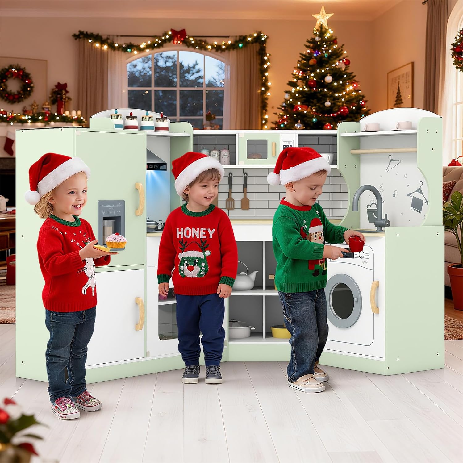 Costzon Corner Kids Kitchen Playset, Wooden Play Kitchen w/Sounds & Lights, Washing Machine, Range Hood, Ice Maker, Microwave, Oven, Sink, Pretend Toy Kitchen Set for Toddler, Gift for Boys Girls