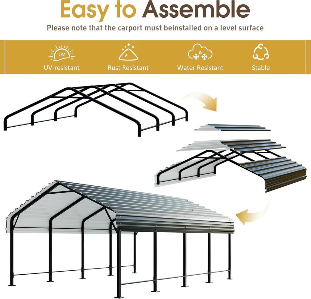 JAMFLY Carport, Heavy Duty Carport Canopy with Galvanized Steel Roof and Frame, Metal Car Garage Upgraded Extra Large Garage for Pickup, Boat, Car and Tractors, 12x15FT Grey