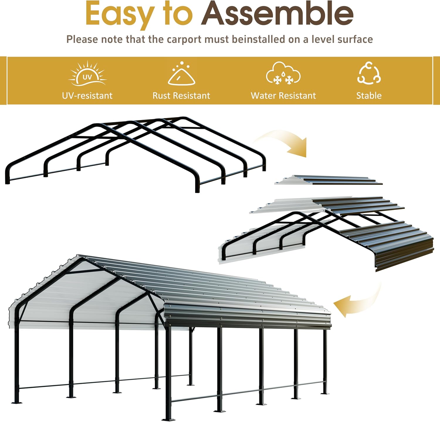 JAMFLY Carport, Heavy Duty Carport Canopy with Galvanized Steel Roof and Frame, Metal Car Garage Upgraded Extra Large Garage for Pickup, Boat, Car and Tractors, 12x15FT Grey