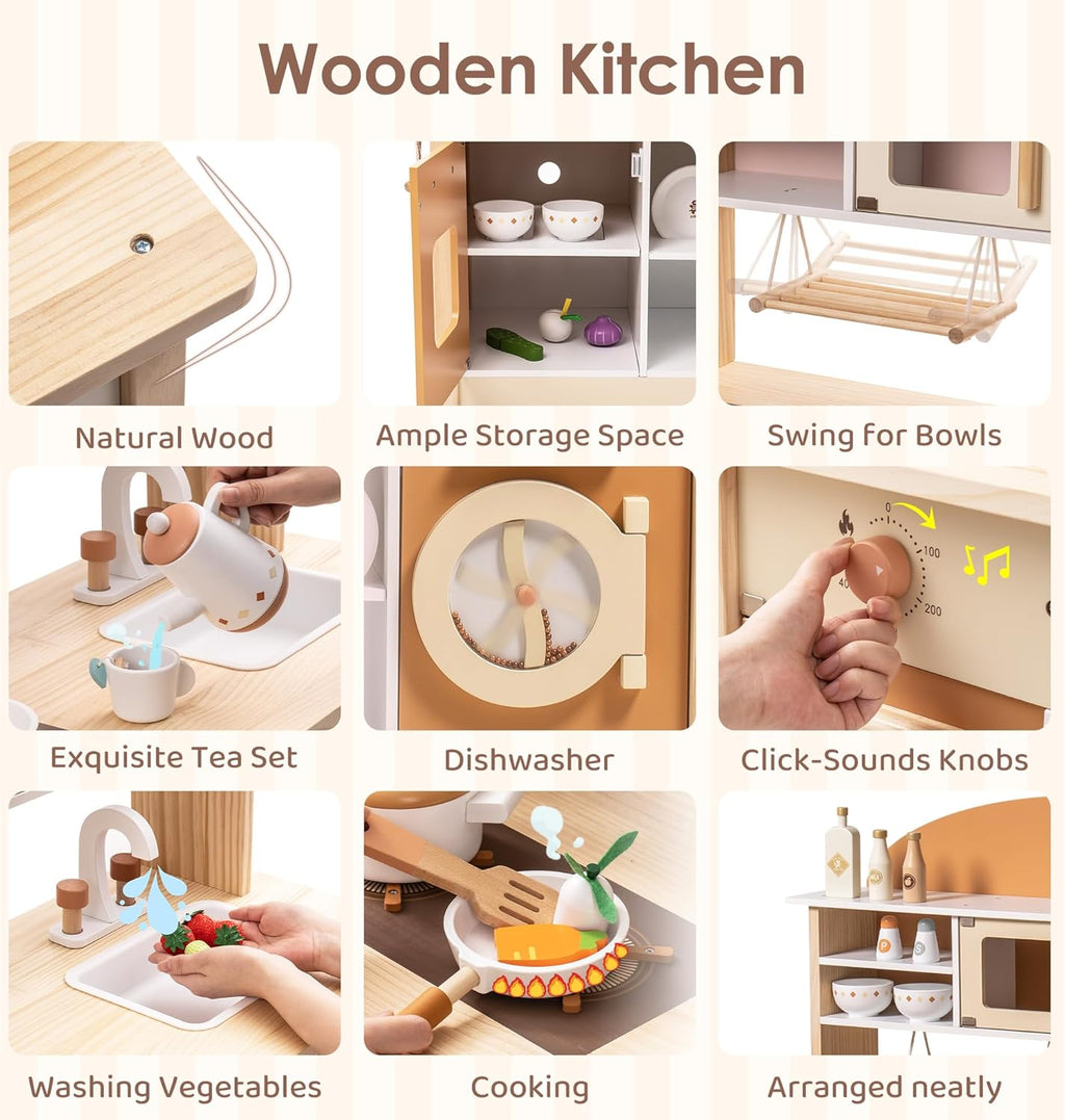 ROBOTIME Caramel Wooden Kids Play Kitchen – 4-in-1 Toddler Role Play Kitchen Set with Fridge, Washing Machine & Iron, Dishwasher – Pretend Cooking Playset for Boys & Girls Ages 3+