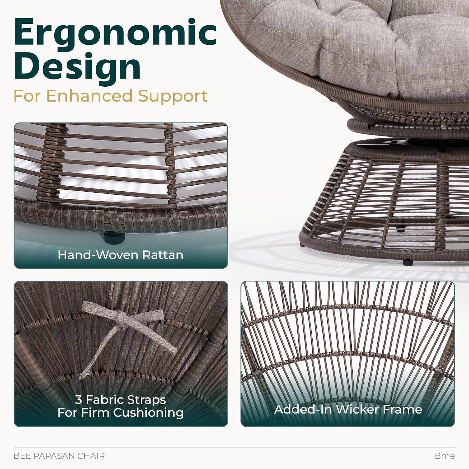 Bme 40' Ergonomic Wicker Papasan Chair with Soft Thick Density Fabric Cushion, Bee-Designed Base, High Capacity Steel Frame, 360 Degree Swivel for Living, Bedroom, Reading Room,...