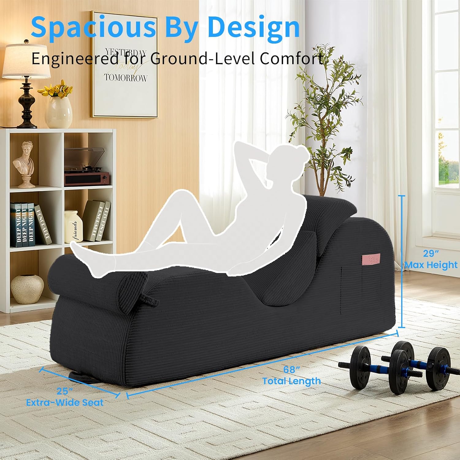 ijuicy 25' Wide Ergonomic Stretch Yoga Chair, Modern Floor Relax Chaise Lounge Chair with Adjustable Headrest, Waist Support Cushion, Movable Footrest & Side Pockets-Dark Grey