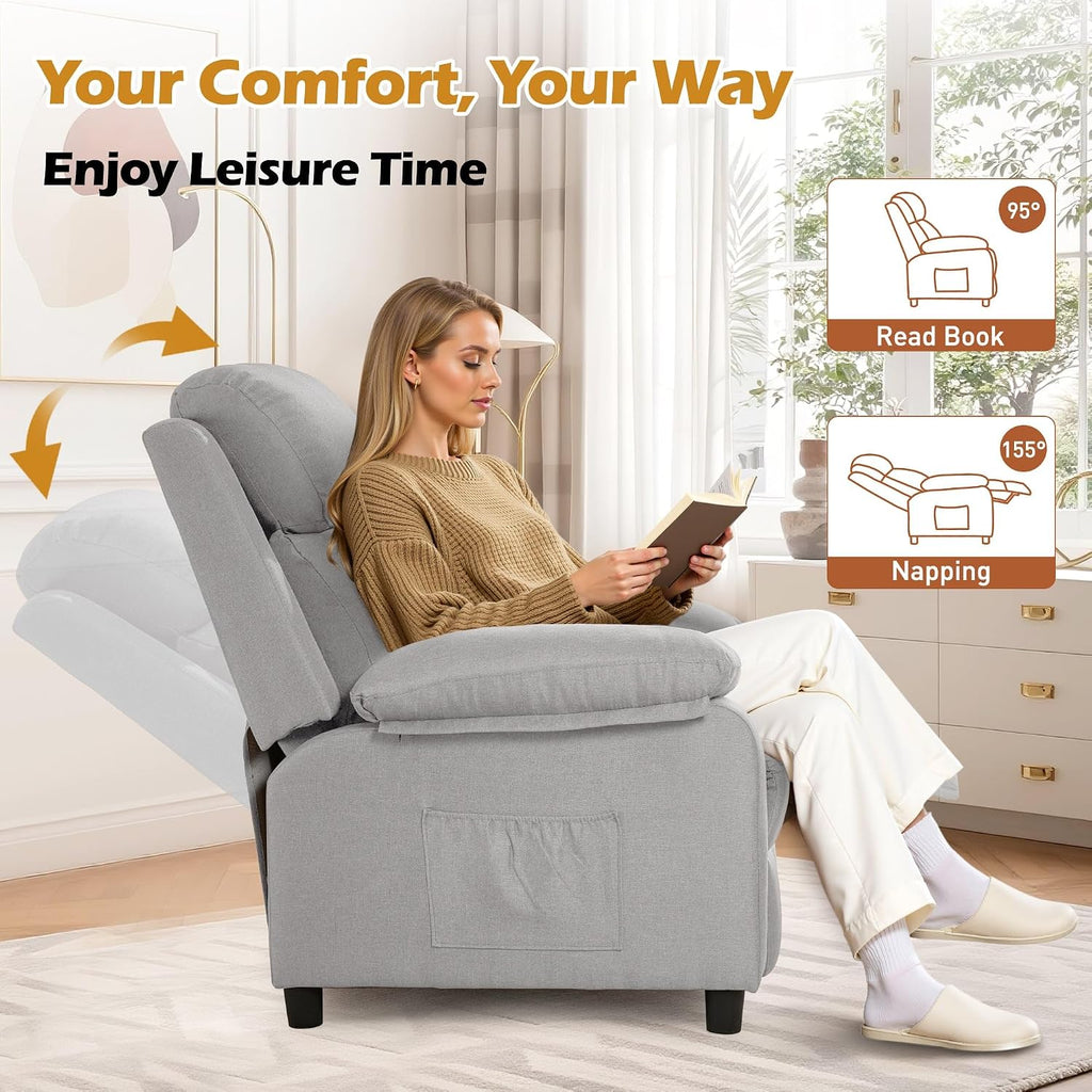 Korser Recliner Chair, Living Room Chairs for Adults, Padded Deep Seat Reading Chair with Side Pockets, Small Recliners for Small Spaces, Lounge Chair for Living Room, Bedroom, and RV (Linen)