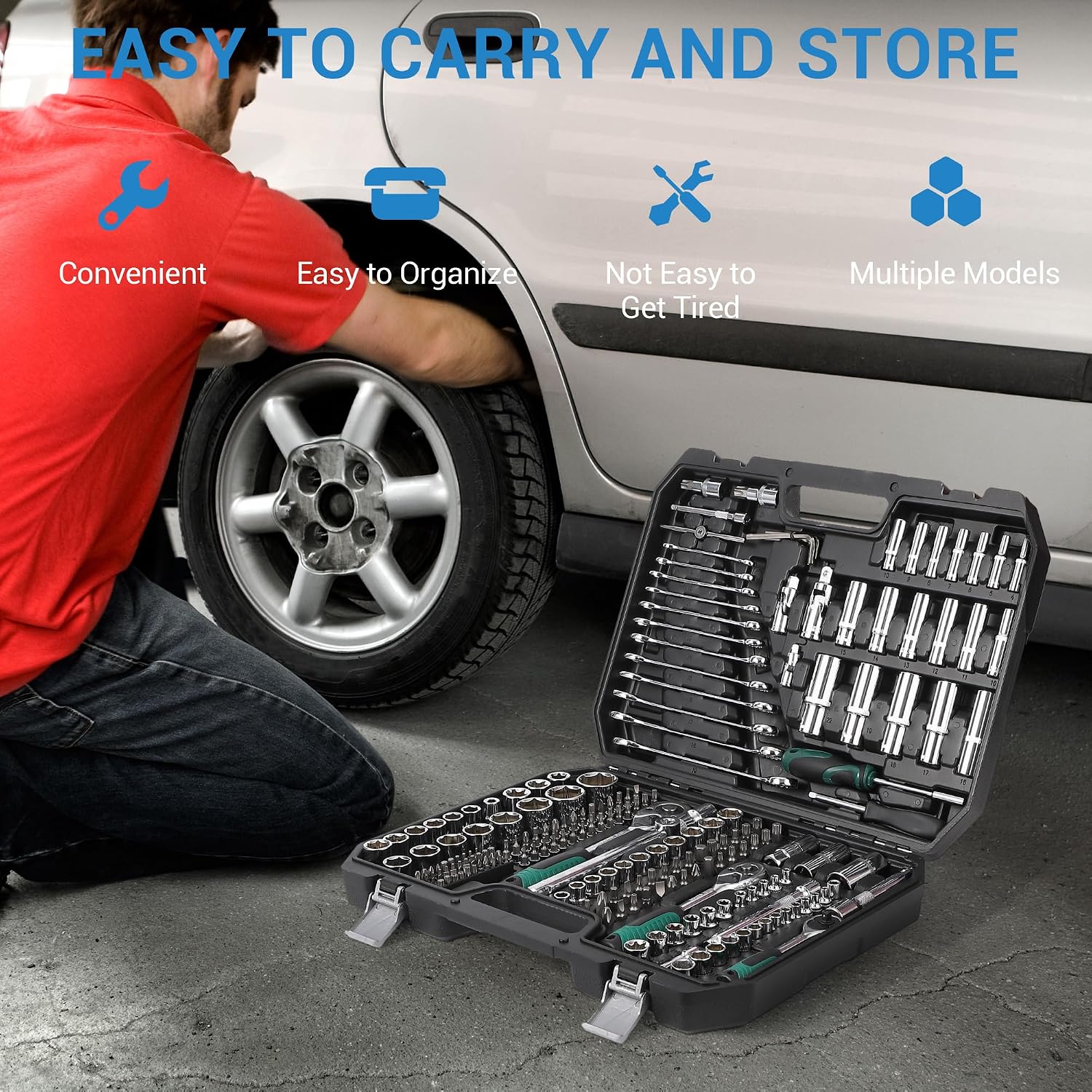 216-Piece Mechanics Tool, Juego De Herramientas, Set Socket Wrench Kit, with 72-Tooth Ratchet, Metric Sockets & Extensions, Automotive Repair Tool Kit for Car Home Garage Maintenance