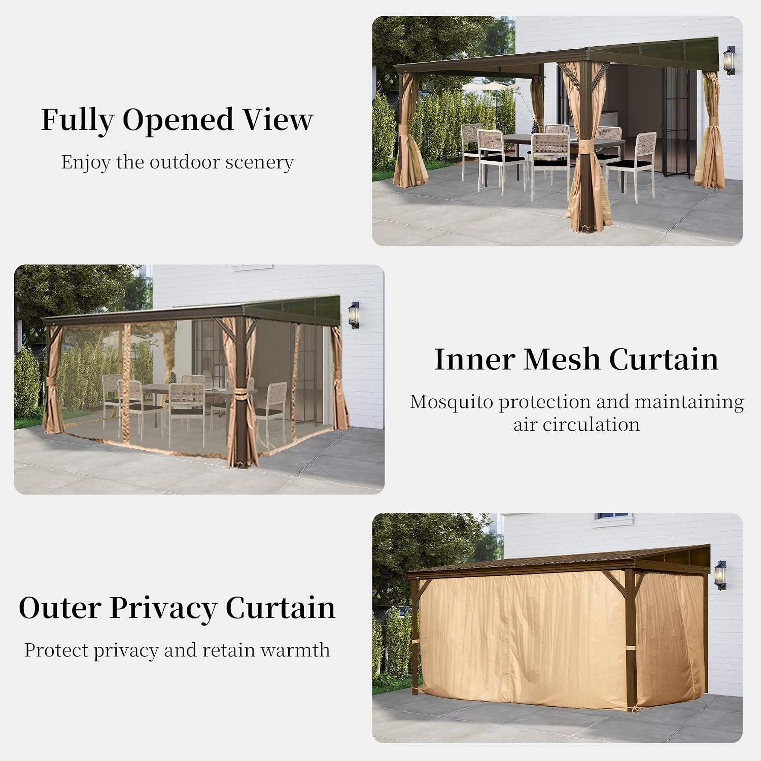 DOMI 10x12FT Lean to Gazebo with Aluminum Frame, Outdoor Hardtop Wall Mounted Gazebo with Sloping Galvanized Steel Roof, Netting Curtain for Deck, Porch, Backyard