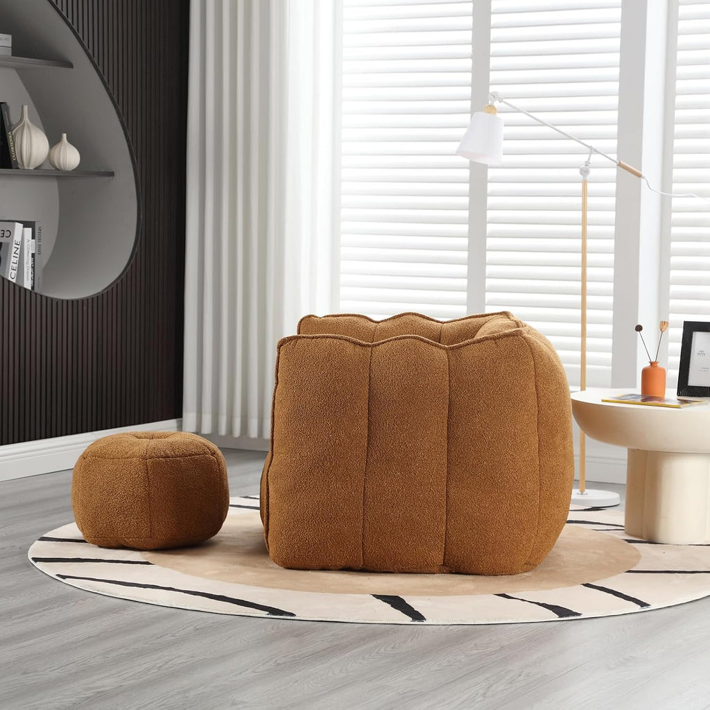 Giant Bean Bag Chair with Ottoman, Oversized Beanbag Chair for Adults, Comfy Floor Sofa Chair with Foam Filler, Pumpkin Lazy Lounger for Living Room, Game Room, Reading Corner, Chenille Yellow