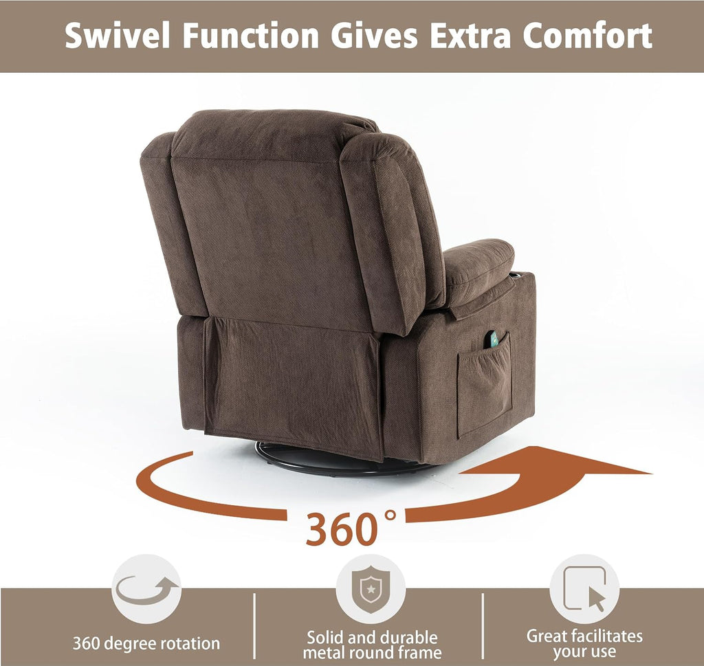 Ketaiyou Rocker Swivel Recliner Chair for Adults, Overstuffed Large Manual Recliner Glider with Massage and Heat, Comfy Soft Fabric Living Room Reclining Sofa Chair (Cocoa1)