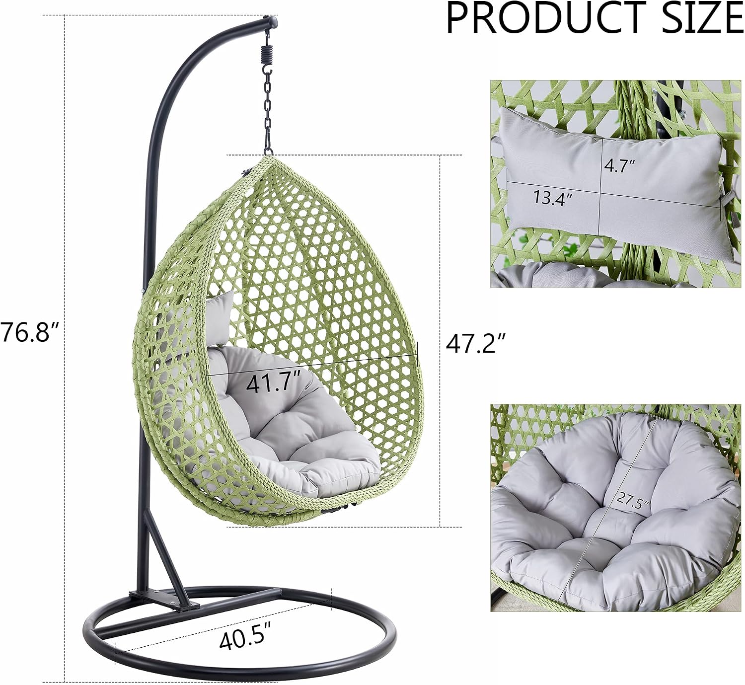 Egg Swing Chair with Stand,Green Swing Egg Chair with Stand, Rattan Hanging Egg with Soft Cushion, Outdoor Hanging with Foldable Basket and Metal Stand for Bedroom Patio
