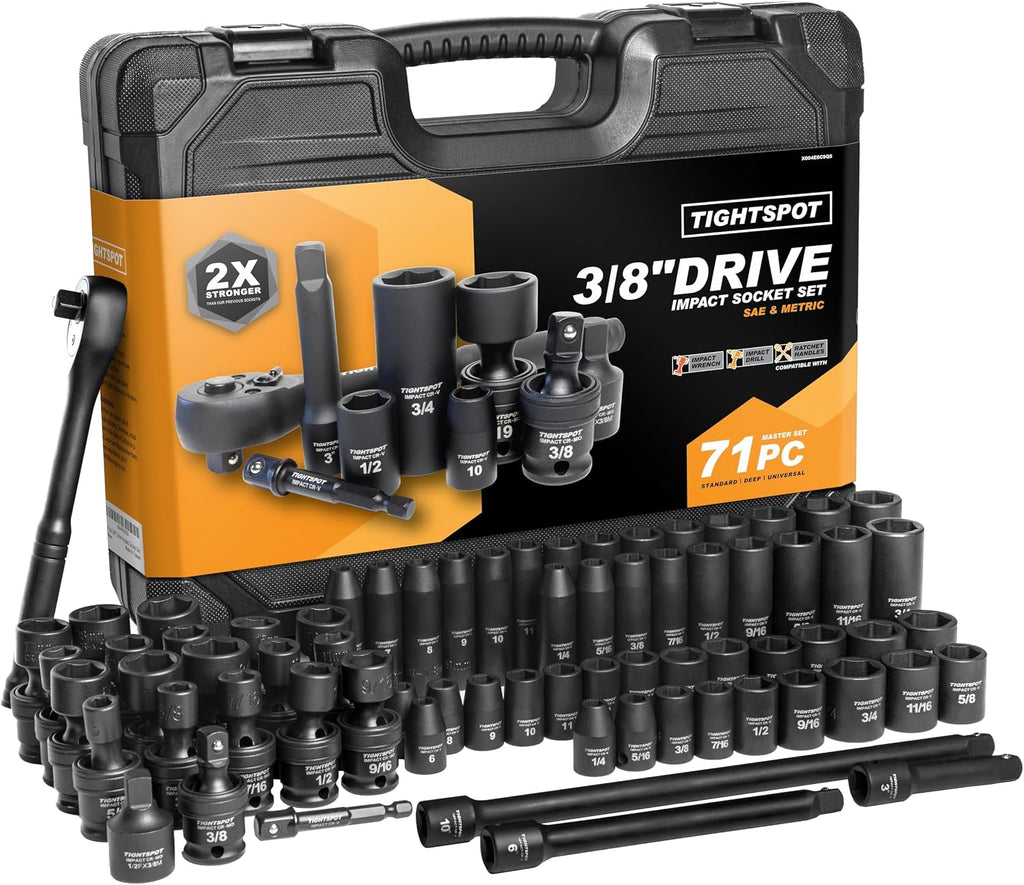 TIGHTSPOT 3/8' Drive 71pc Impact Socket Master Set Inch Metric 1/4'-3/4' 6-19mm CR-V CR-MO Universal Joint Deep Standard Sockets 90-Tooth Ratchet Extensions Heavy Duty Mechanic Tool Kit