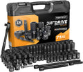TIGHTSPOT 3/8' Drive 71pc Impact Socket Master Set Inch Metric 1/4'-3/4' 6-19mm CR-V CR-MO Universal Joint Deep Standard Sockets 90-Tooth Ratchet Extensions Heavy Duty Mechanic Tool Kit