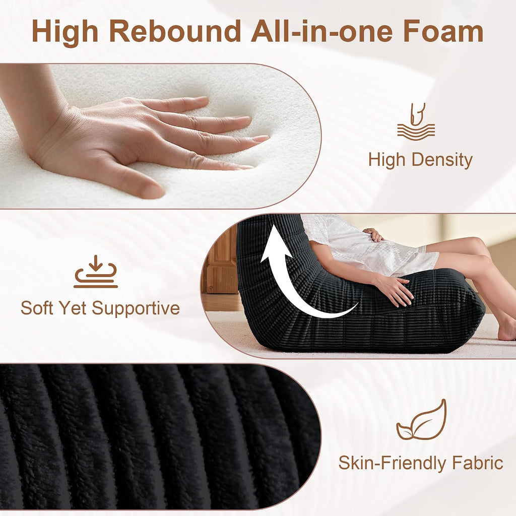 Bean Bag Chair for Adults, Giant Bean Bag Chairs with Lumbar Pillow, Oversized Corduroy Memory Foam Boneless Chair with High-Rebound, Lazy Floor Sofa for Reading Gaming Living Room Bedroom, Black