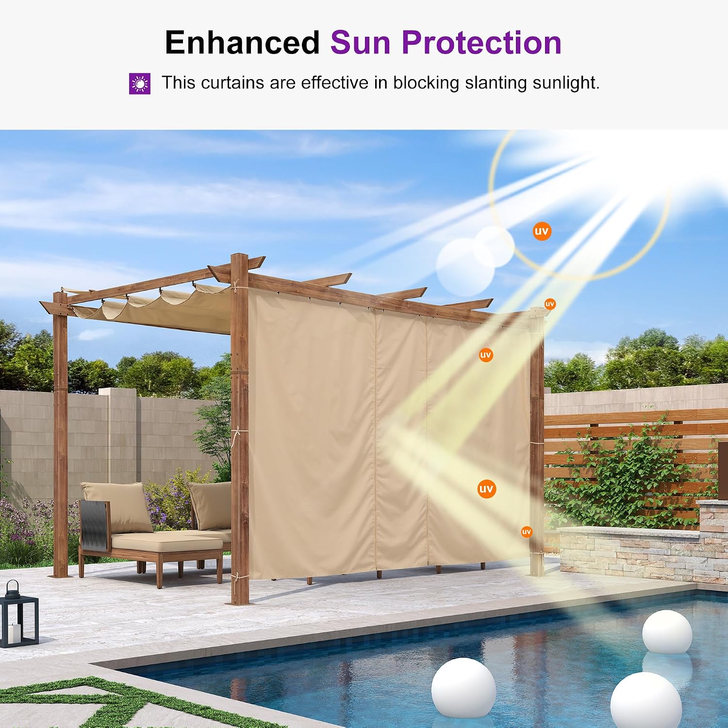 PURPLE LEAF 10' x 13' Outdoor Retractable Pergola Patio Metal Shelter for Garden Porch Beach Pavilion Natural Wood Grain Frame Gazebo Modern Yard Grill Pergola with Shade Canopy Curtains Beige