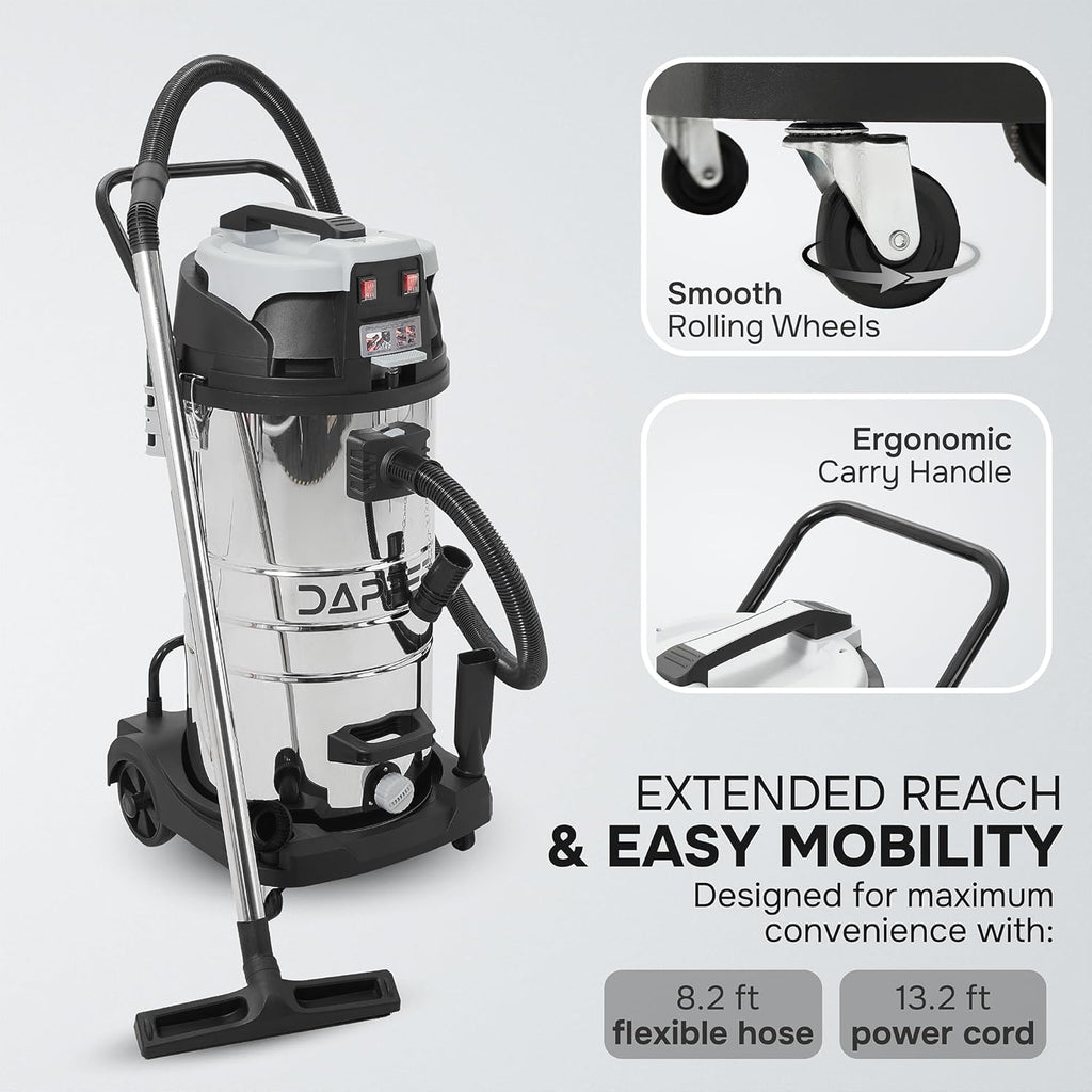 Dapper Supply 26.5 Gallon 11 Peak HP Wet/Dry Vacuum, Stainless Steel Tank, 2 in 1 Function Portable Shop Vacuum with Attachments, Built-in Drain Ideal for Jobsite, Garage & Workshop.