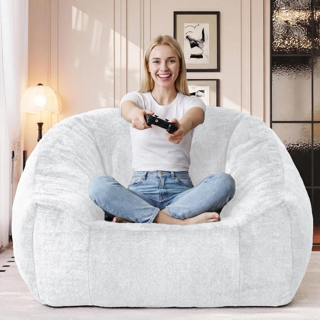 Bean Bag Chairs for Adults, Giant Beanbag Sofa Comfy Reading Chair, Oversized Bean Bag Chairs for Living Room Bedroom, Soft Faux Fur Fabric, 3.2FT, Light Grey, Plush
