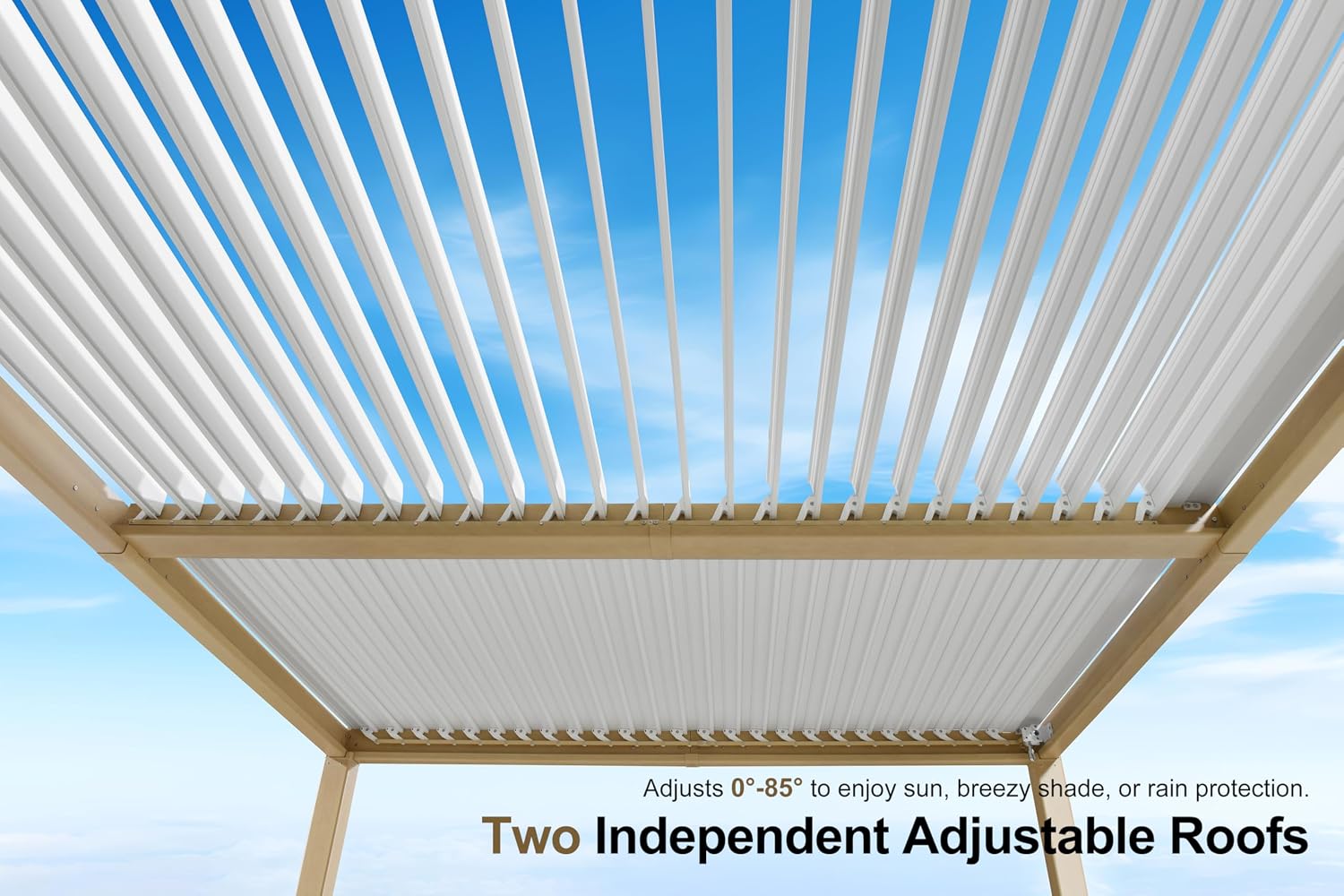 PURPLE LEAF Louvered Pergola 10' x 12' Outdoor Wood Grain Aluminum Pergolas with 24 Clear LED Lights Adjustable Roof Retractable Patio Rainproof Hardtop Gazebo for Deck Backyard Garden