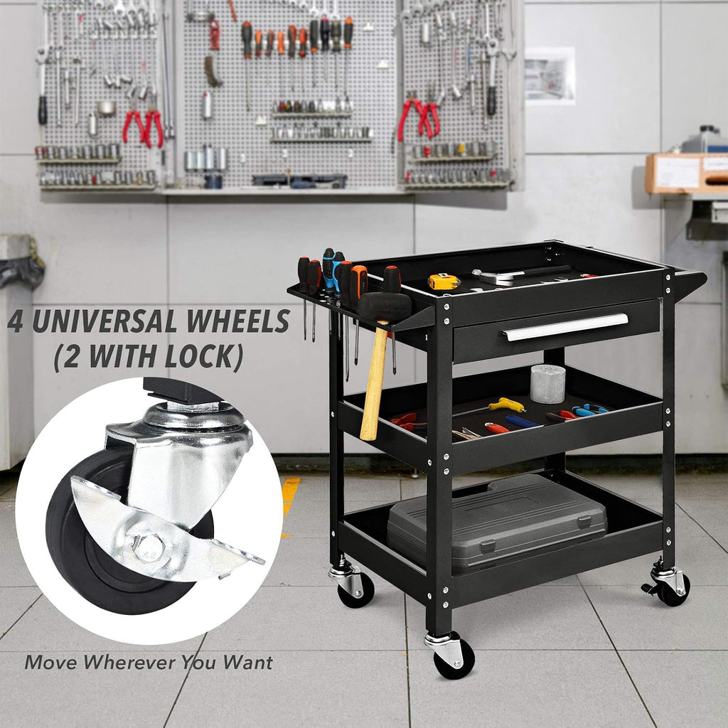 3 Tier Tool Cart on Wheels, Heavy Duty Industrial Utility Service Cart with Drawer, Rolling Mechanic Tool Box Organizer for Garage Warehouse Workshop Repair Shop, 330 LBS Capacity (Black)