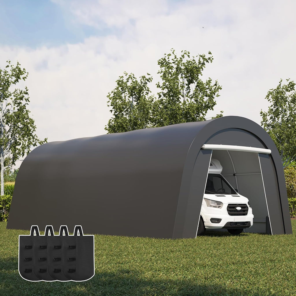 FansaFurn Domed Carport with 4 Cloth Bags, Portable Garage with 2 Roll-up Doors, Heavy Duty Car Canopy Party Tent, All-Season Storage Shelter Shed for Boat, Truck, or Garden Tools, 12' x 25'