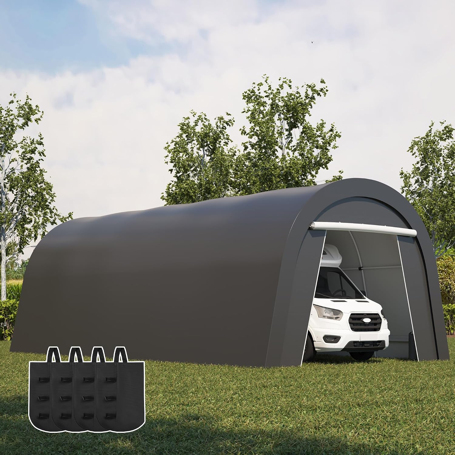 FansaFurn Domed Carport with 4 Cloth Bags, Portable Garage with 2 Roll-up Doors, Heavy Duty Car Canopy Party Tent, All-Season Storage Shelter Shed for Boat, Truck, or Garden Tools, 12' x 25'