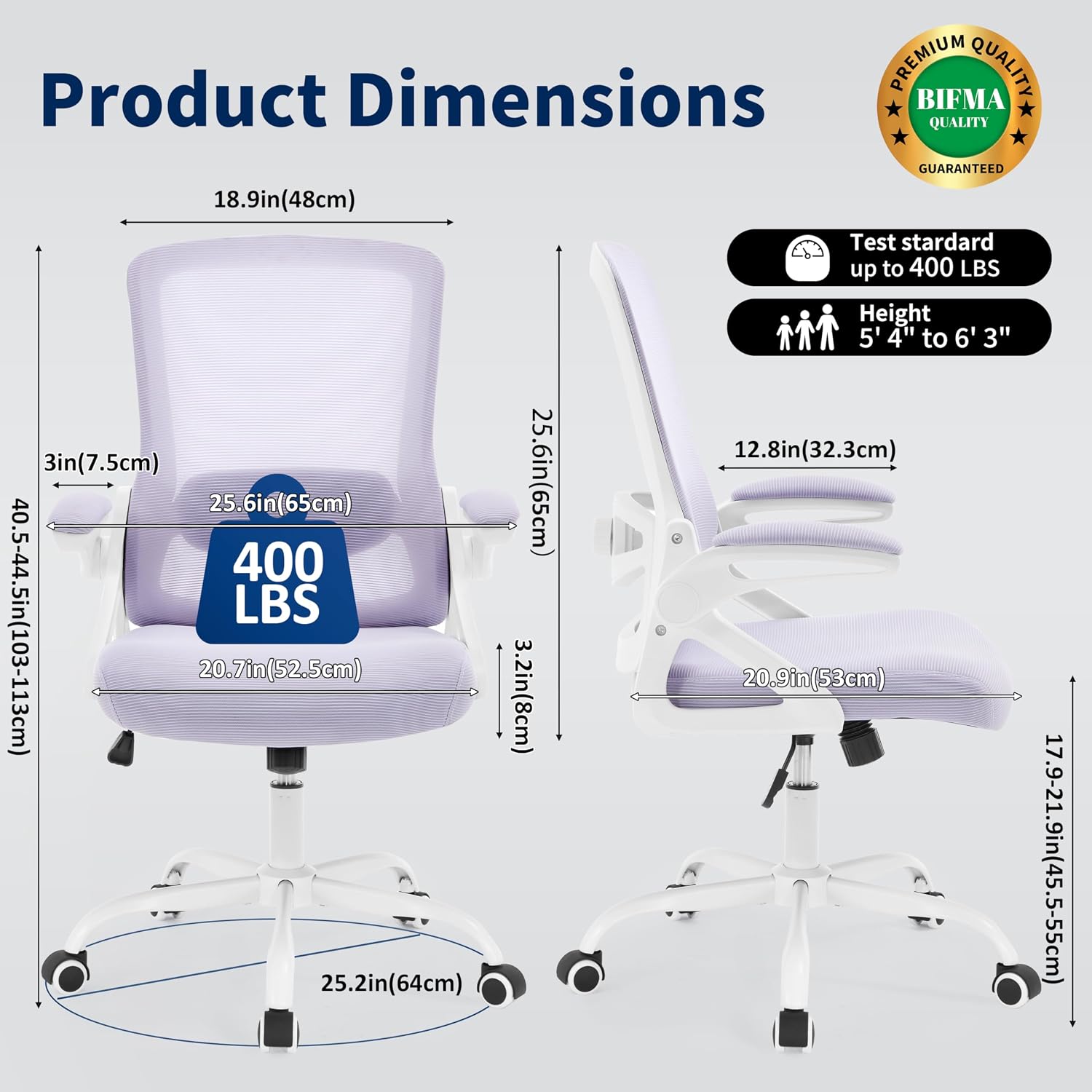 Ergonomic Office Chair, Desk Chair with Adjustable Lumbar Support, Breathable Mesh Comfy Computer Chairs with Flip-up Armrests Executive Task Chair for Adults Home Office(Lavender)