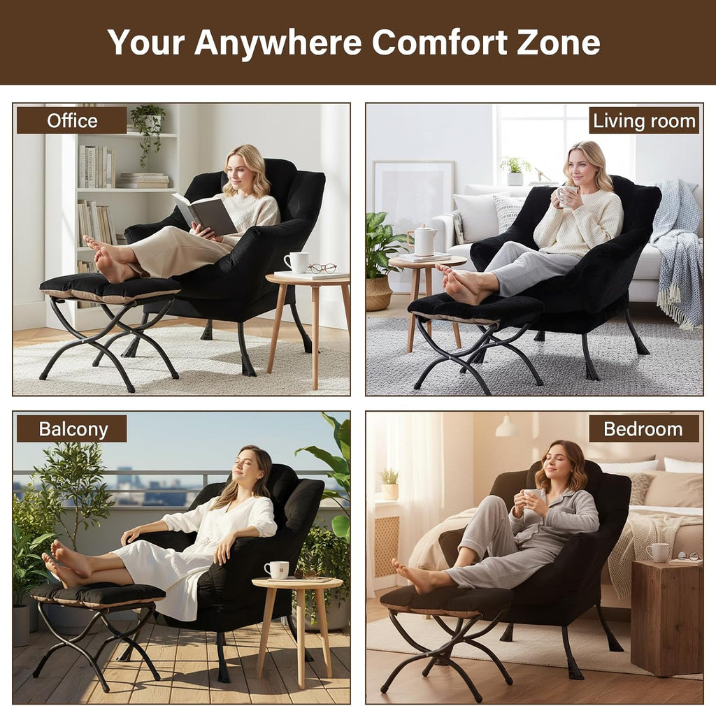 Welnow Lazy Chair with Ottoman, Modern Accent Chair with Armrests and a Side Pocket, Leisure Sofa Armchair, Reading Armchair with Footrest for Small Space, Black