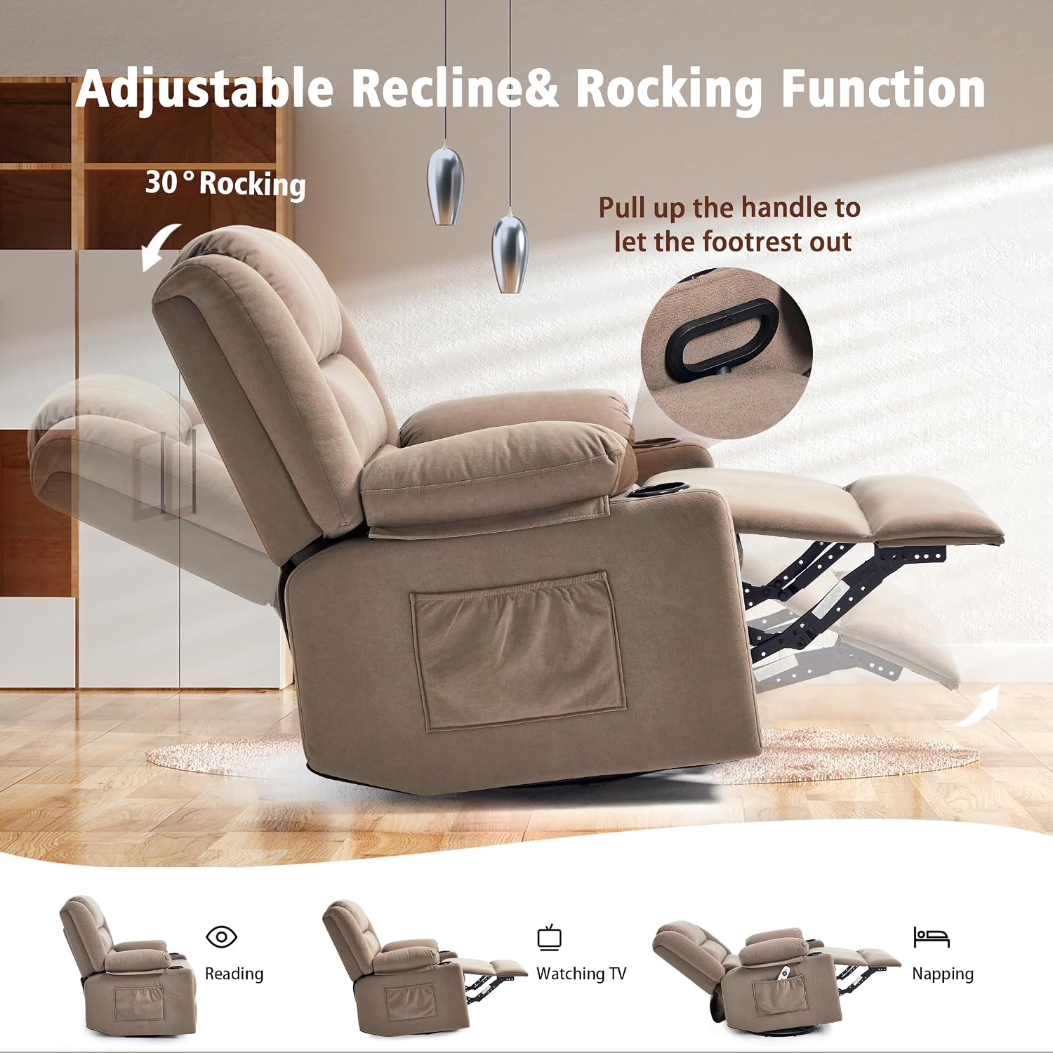 Ketaiyou Rocker Swivel Recliner Chair for Adults, Overstuffed Large Manual Recliner Glider with Massage and Heat, Comfy Soft Fabric Living Room Reclining Sofa Chair (Mocha)