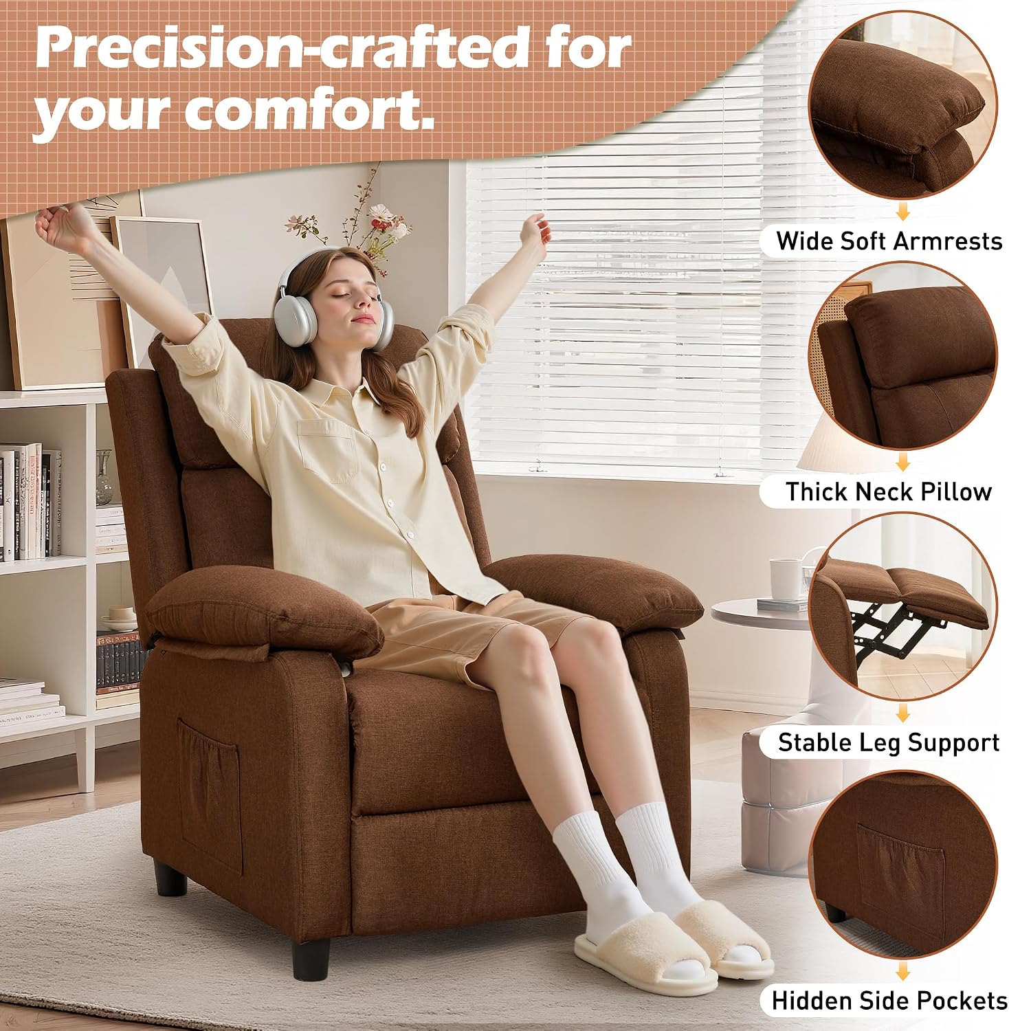 Korser Recliner Chair, Living Room Chairs for Adults, Padded Deep Seat Reading Chair with Side Pockets, Small Recliners for Small Spaces, Lounge Chair for Living Room, Bedroom, and RV (Linen)